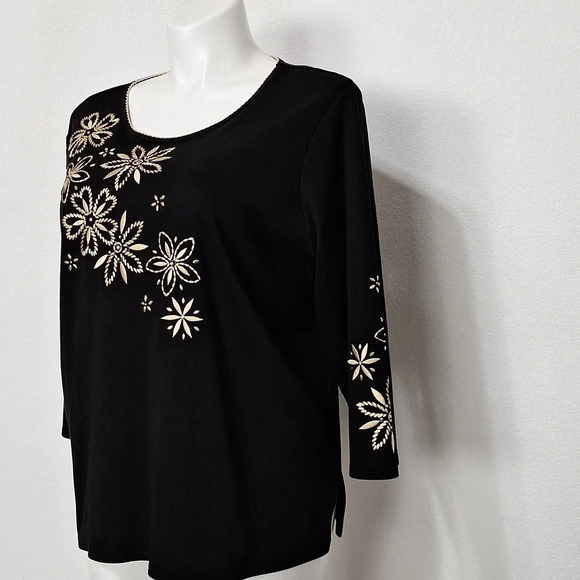 Alfred Dunner Black & Gold Spontaneous Flower Embroidery Crew Neck Top Size XL - Picture 8 of 13